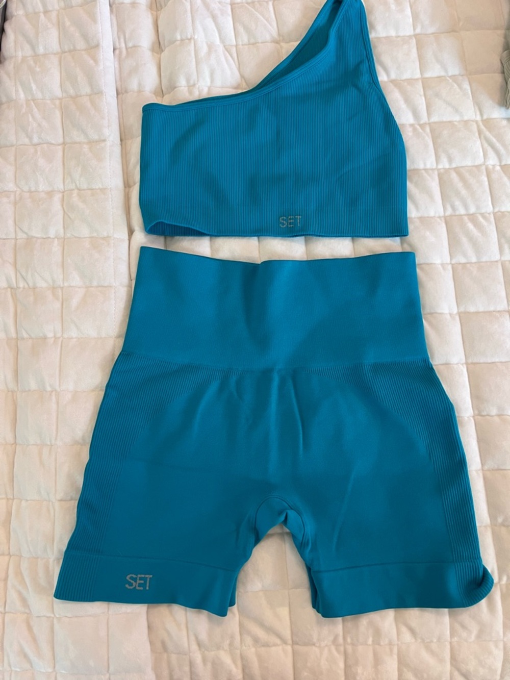 SET Active Teal One-Shoulder Sports Bra & High-Waist Bike Shorts